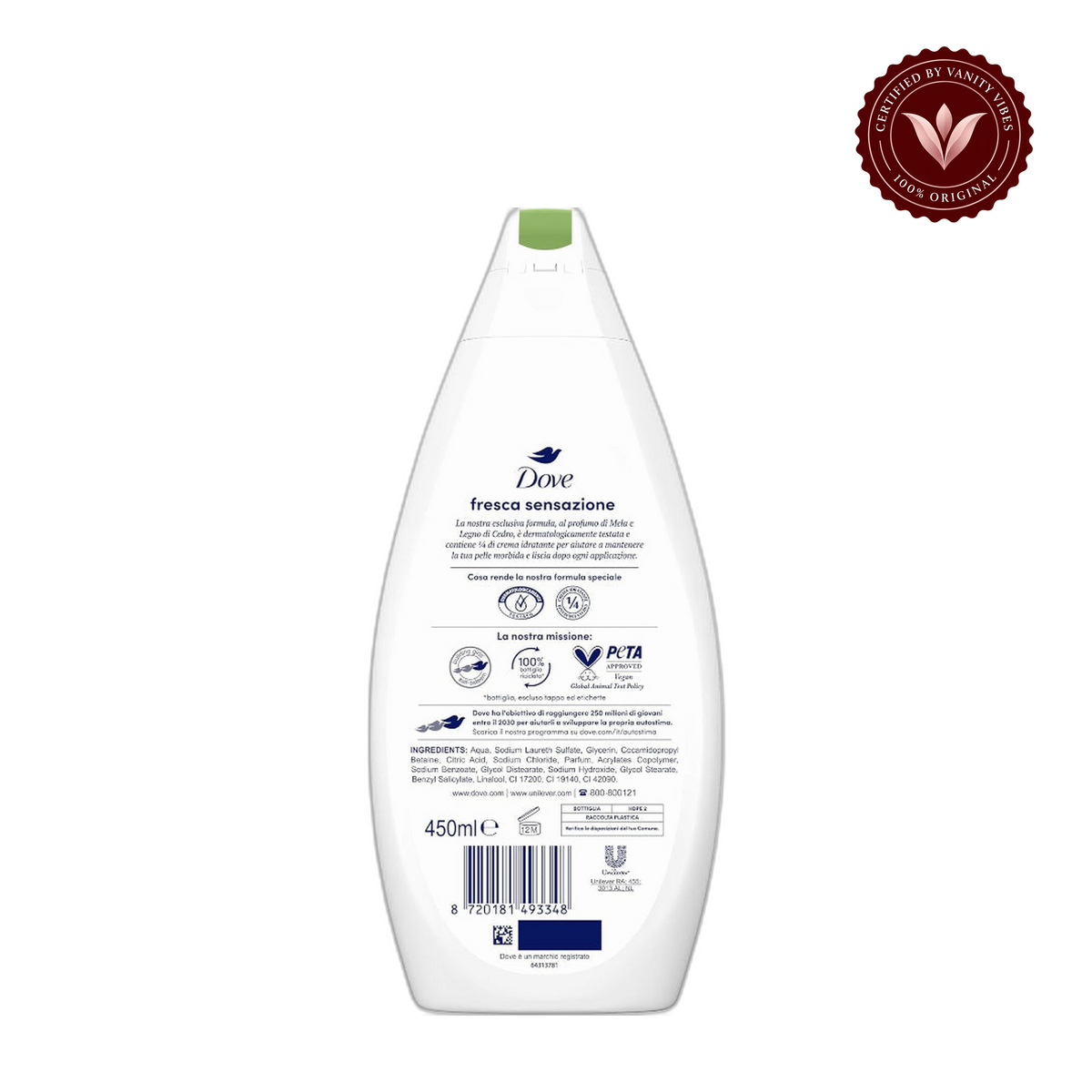 Dove Fresca Sensazione Moisturizing Shower Gel 450ml - Refreshing & Gentle Hydrating Body Wash for Smooth & Soft Skin — alternate view, transparent background