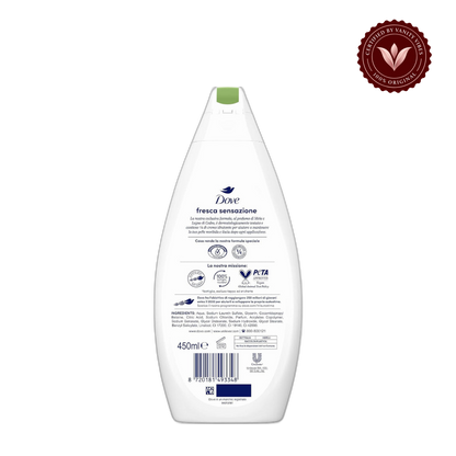Dove Fresca Sensazione Moisturizing Shower Gel 450ml - Refreshing & Gentle Hydrating Body Wash for Smooth & Soft Skin — alternate view, transparent background