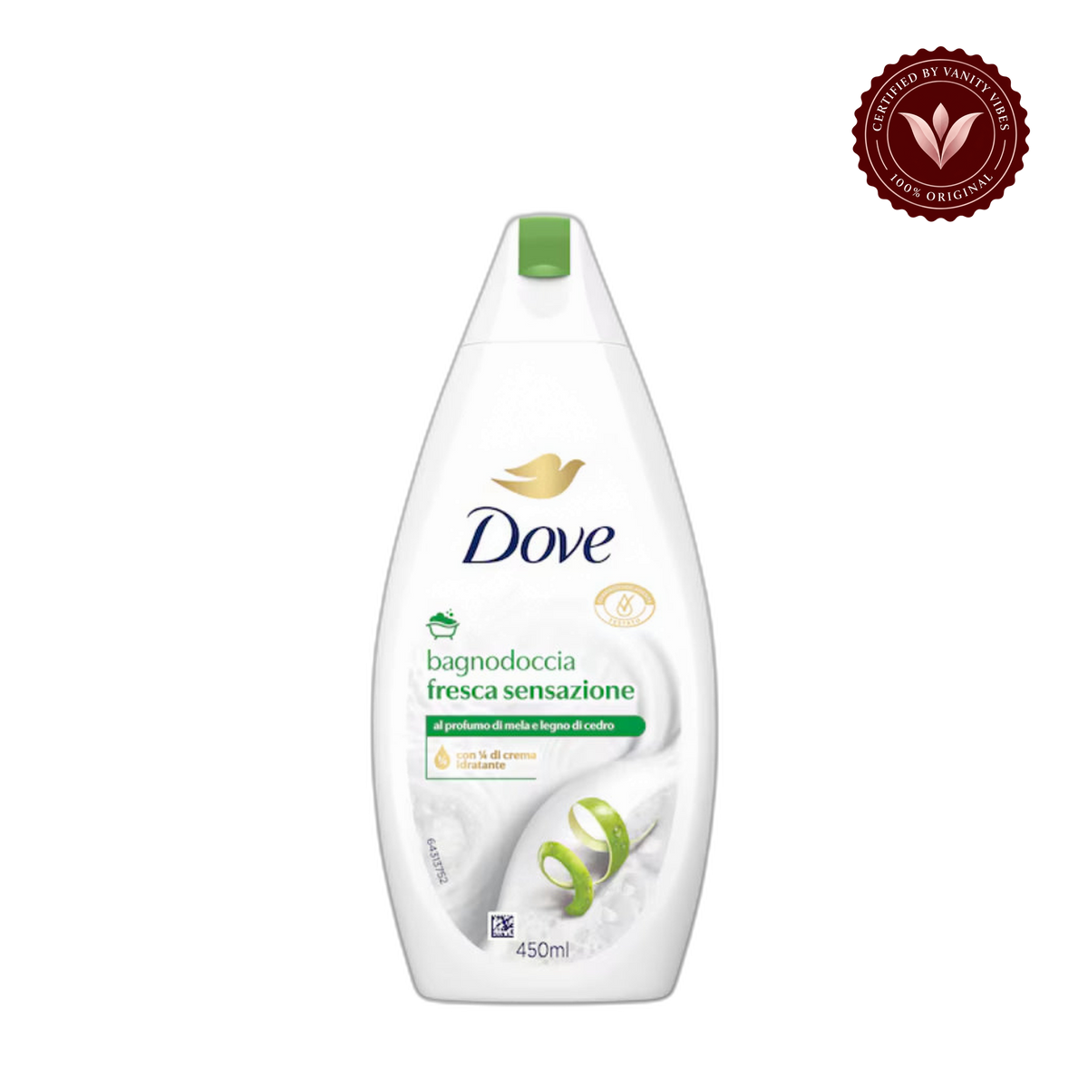 Dove Fresca Sensazione Moisturizing Shower Gel 450ml - Refreshing & Gentle Hydrating Body Wash for Smooth & Soft Skin — front view, transparent background