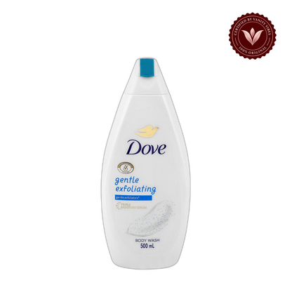 Dove Gentle Exfoliating Body Wash 500ml - Triple Moisture Serum with Gentle Exfoliators for Soft, Smooth & Glowing Skin — front view, transparent background