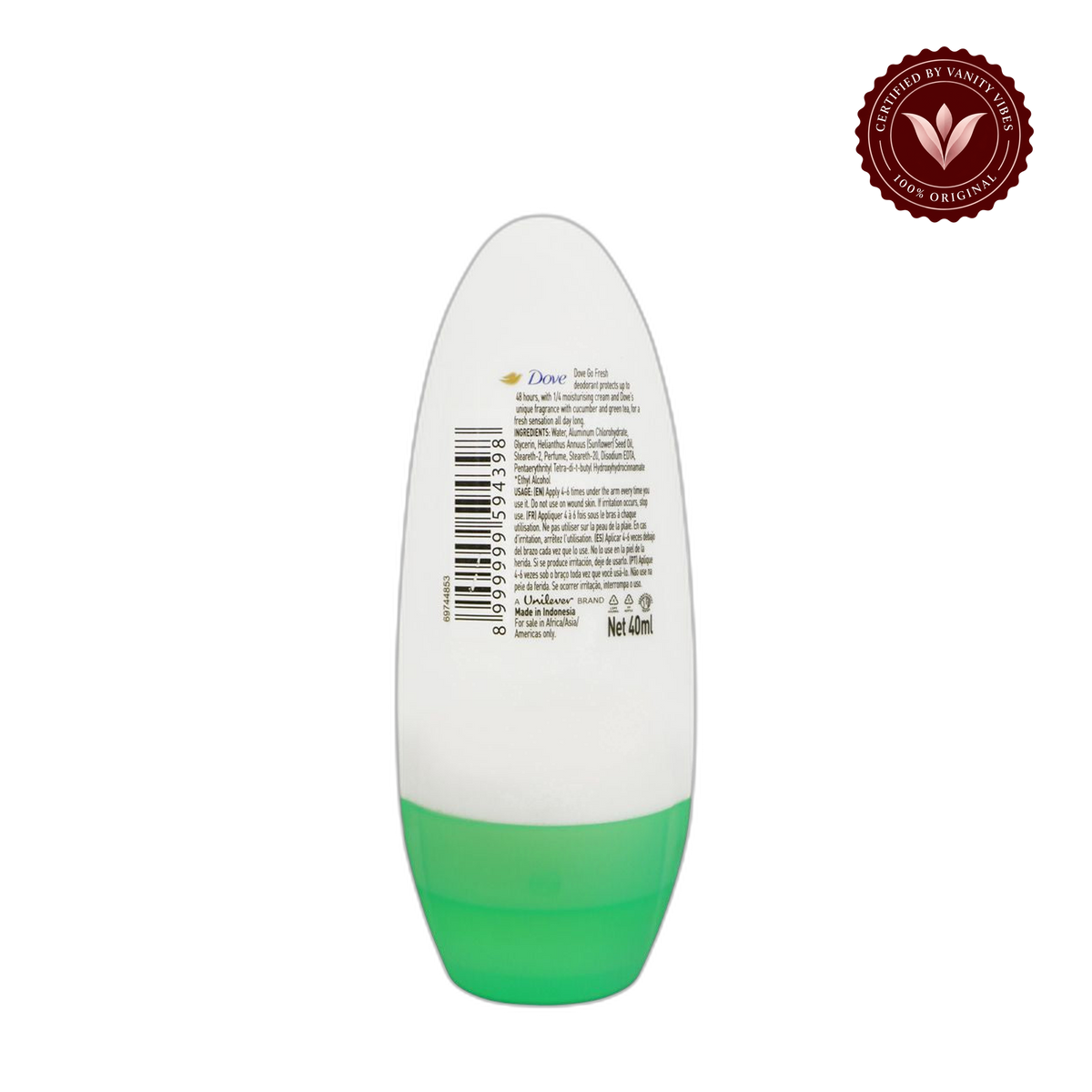 Dove Go Fresh Cucumber & Green Tea 48-Hour Anti-Perspirant Deodorant Roll On- for Women-40ml — front view, transparent background