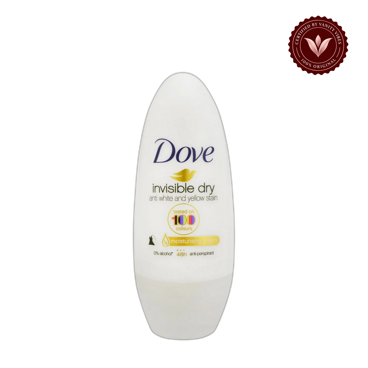 Dove Invisible Dry Antiperspirant Deodorant Stick 40ml - 48-Hour Sweat & Odour Protection, No White Marks — front view, transparent background