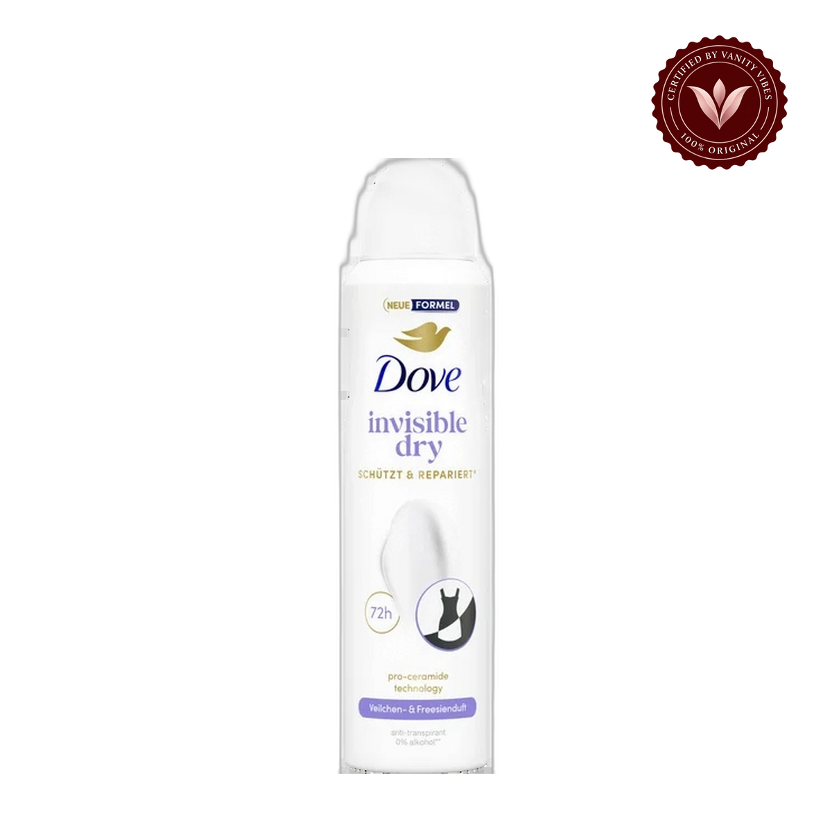 Dove Invisible Dry Violet & White Freesia Scent Anti-Perspirant Deodorant Spray, for Women- Vegan- 150ml — front view, transparent background