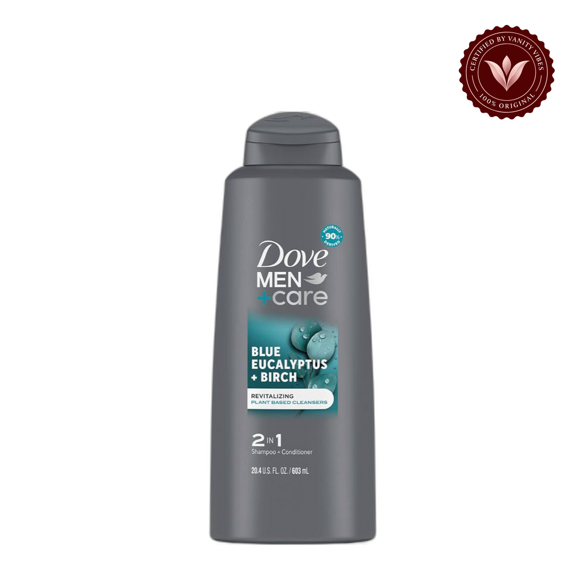 Dove Men+Care Blue Eucalyptus + Birch 2-in-1 Shampoo & Conditioner 603ml Refreshing Clean & Stronger Hair — alternate view, transparent background