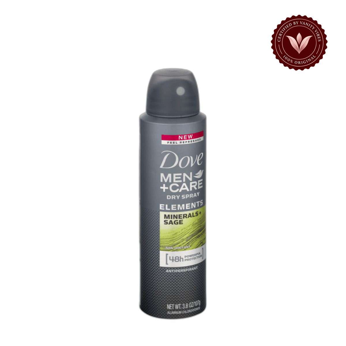 Dove Men + Care Elements Minerals & Sage antiperspirant deodorant spray with 48-hour protection for Men 150ml — front view, transparent background