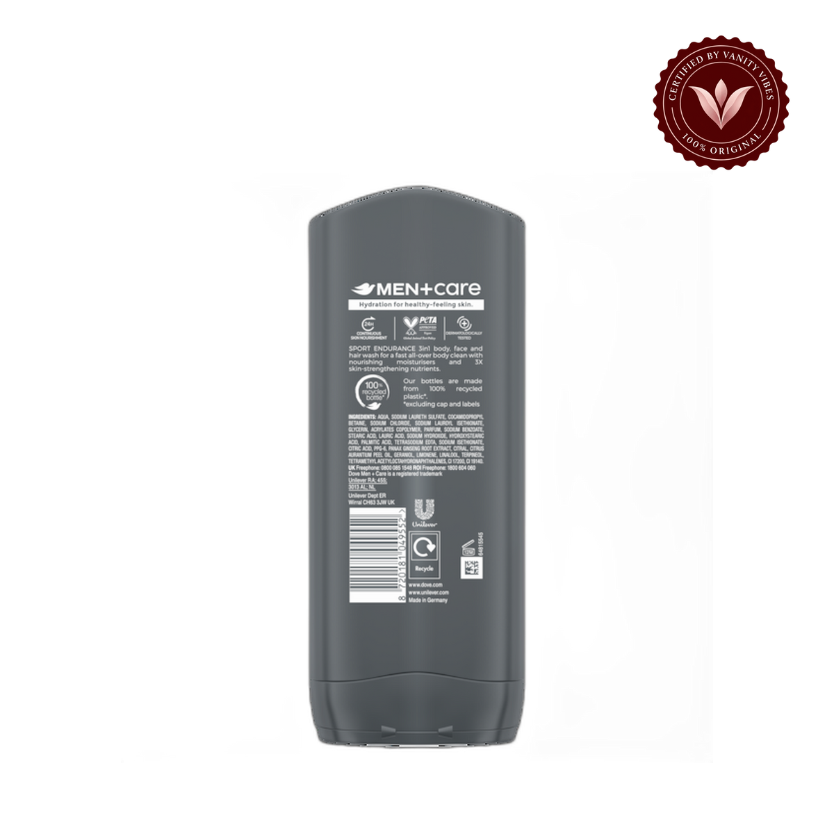Dove Men+Care Sport Care 3-in-1 Endurance Body Face & Hair Wash 400ml — front view, transparent background