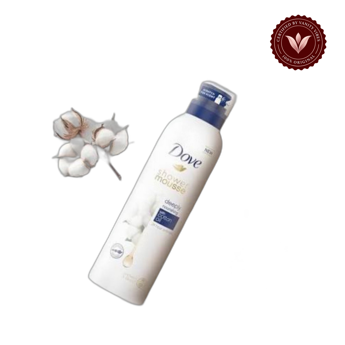 Dove Mousse Shower with Moisturizing Cream Cotton Oil 200 ml Cotton-seed oil — front view, transparent background