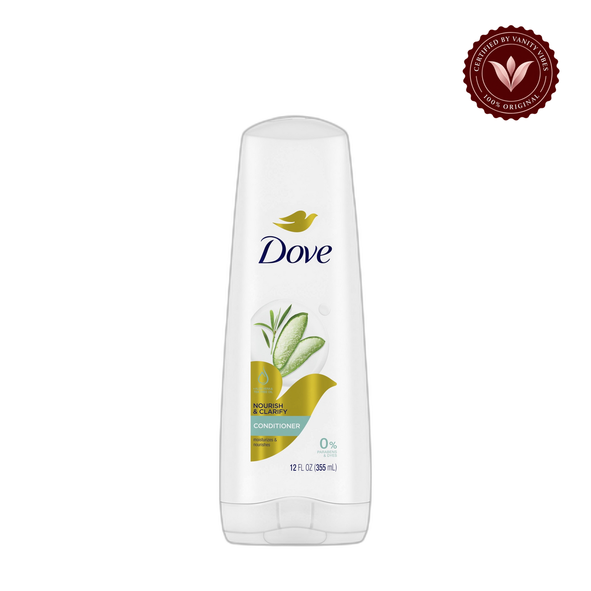 Dove Nourish & Clarifying Conditioner Aloe Vera & Tea Tree Oil 355ml — front view, transparent background