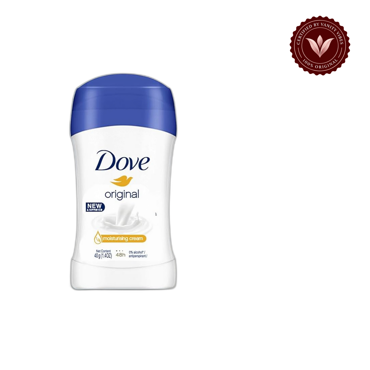 Dove Original New & Improved 1/4 Moisturizing Cream 48H Anti-Perspirant Deodorant Stick 40g — alternate view, transparent background