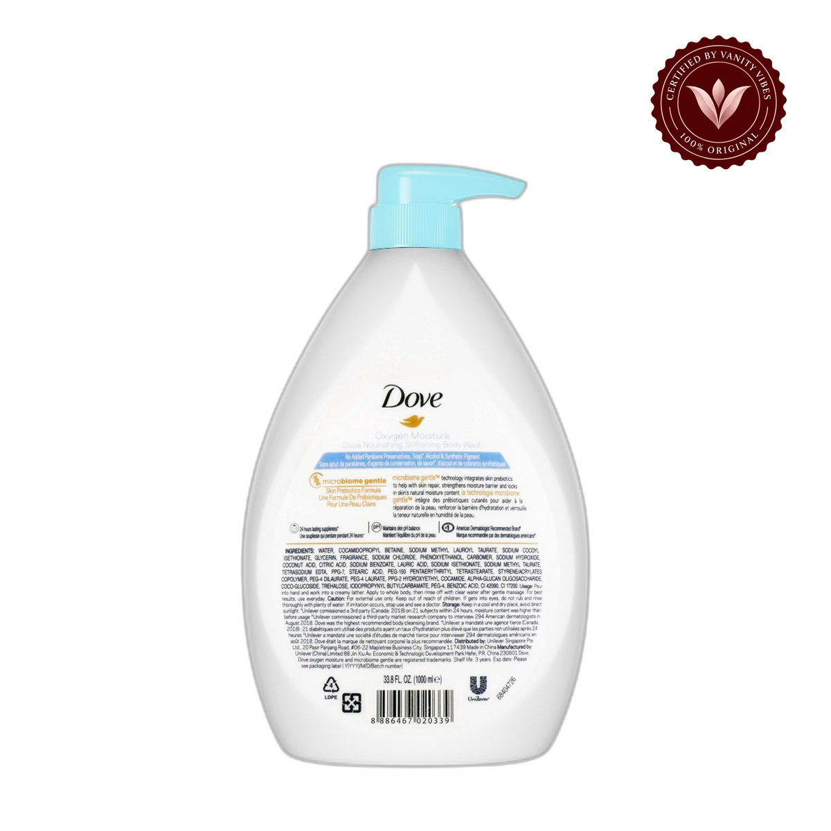 Dove Oxygen Moisture Nourishing Body Wash 1000g — front view, transparent background