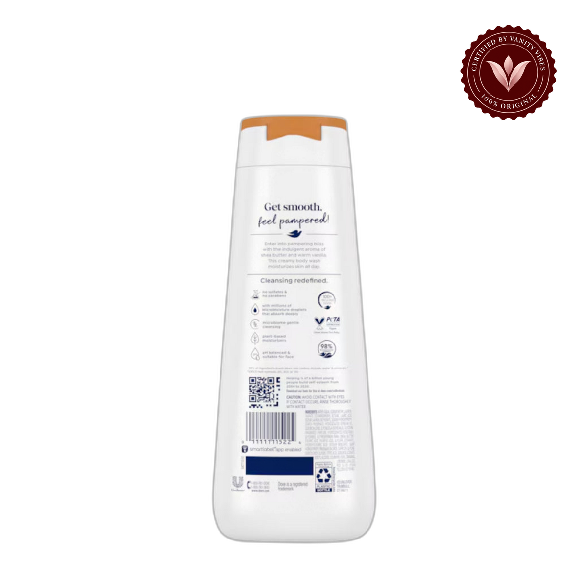 Dove, Pamper Body Wash, Shea Butter + Vanilla, 20 fl oz-591ml — front view, transparent background