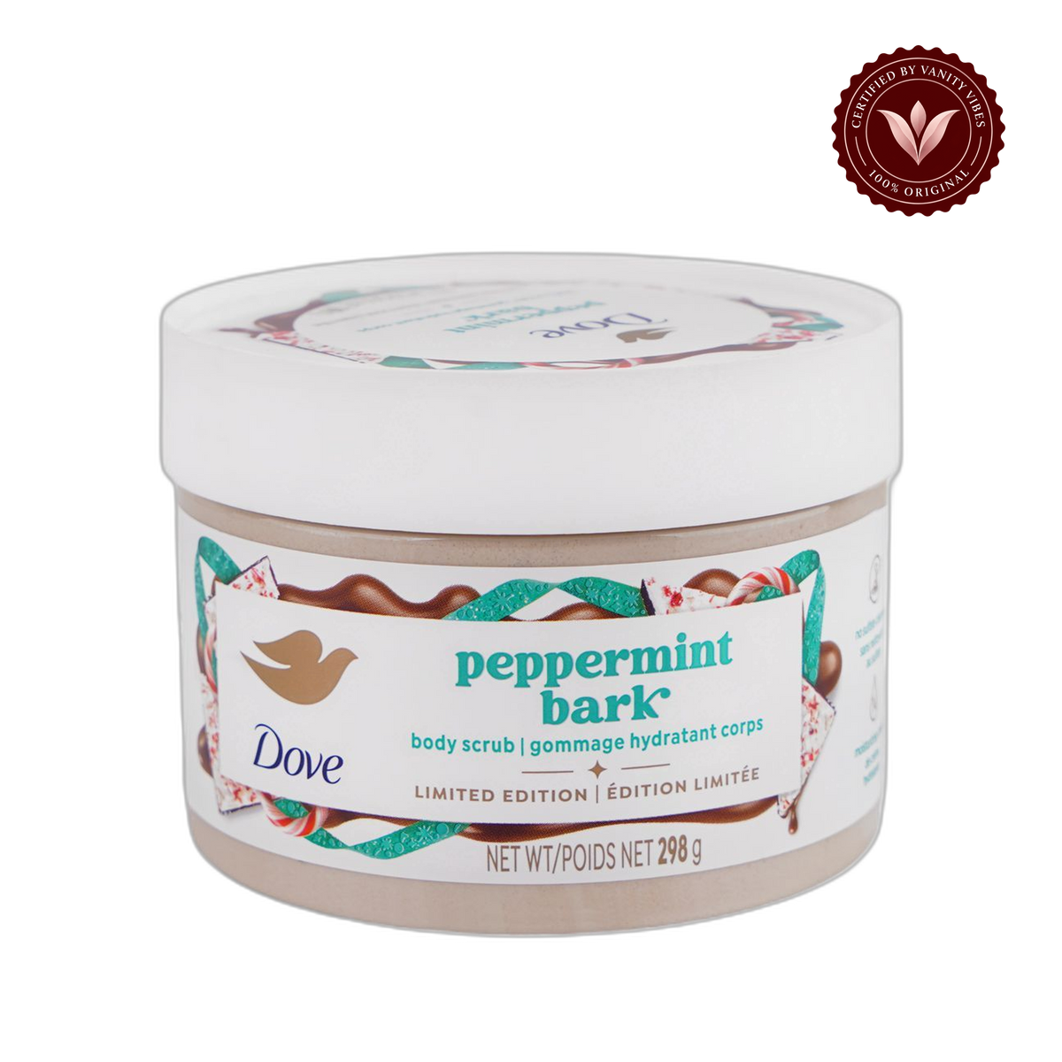 Dove Peppermint Bark Body Scrub Limited Edition 298g - Deep Exfoliating Body Scrub for Smooth Soft Skin, Dead Skin Removal, Nourishing Moisture Care & Refreshing Peppermint Fragrance — front view, transparent background