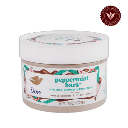 Dove Peppermint Bark Body Scrub Limited Edition 298g - Deep Exfoliating Body Scrub for Smooth Soft Skin, Dead Skin Removal, Nourishing Moisture Care & Refreshing Peppermint Fragrance — front view, transparent background