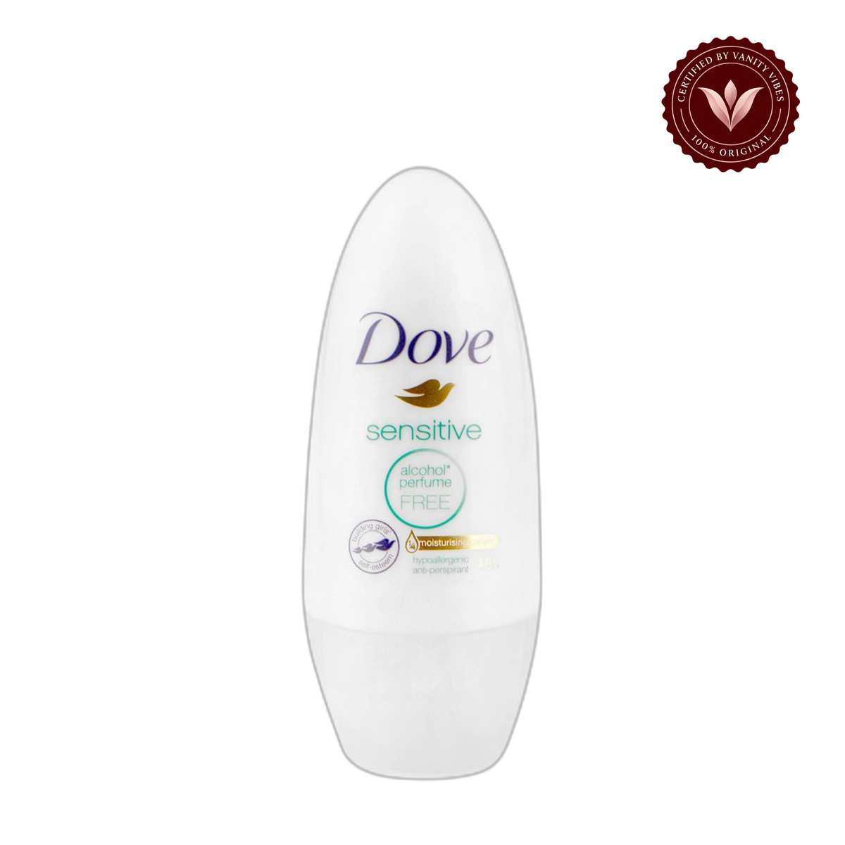 Dove Sensitive Anti-Perspirant Deodorant Roll On 50ml - Alcohol & Perfume Free Underarm Protection for Women — front view, transparent background