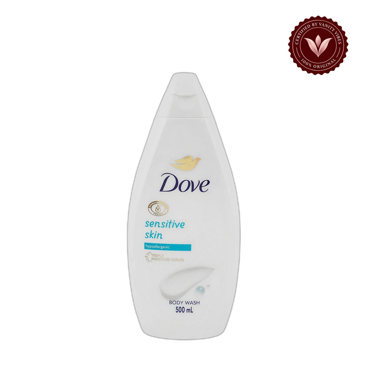 Dove Sensitive Skin Hypoallergenic Body Wash 500ml - Triple Moisture Serum for Gentle Care, Soft & Hydrated Skin — alternate view, transparent background