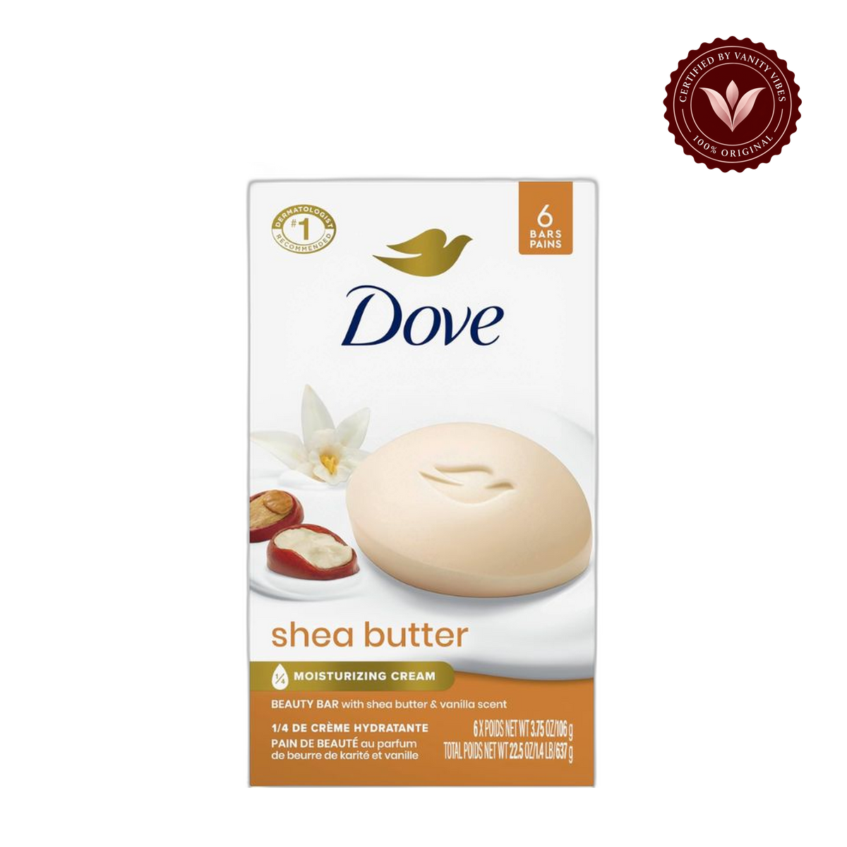 Dove Shea Butter Moisturizing Cream Beauty Bar With Shea Butter & Vanilla Extract 106g (Pack Of 6 Soap Bars) — alternate view, transparent background