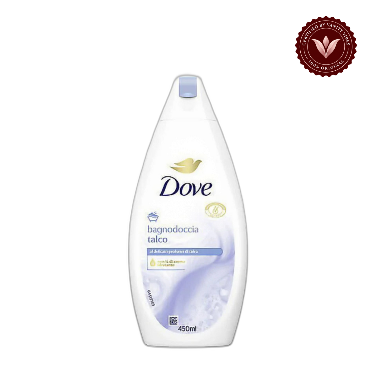 Dove Talco Moisturizing Shower Gel 450ml - Gentle Hydrating Body Wash for Smooth & Soft Skin — front view, transparent background