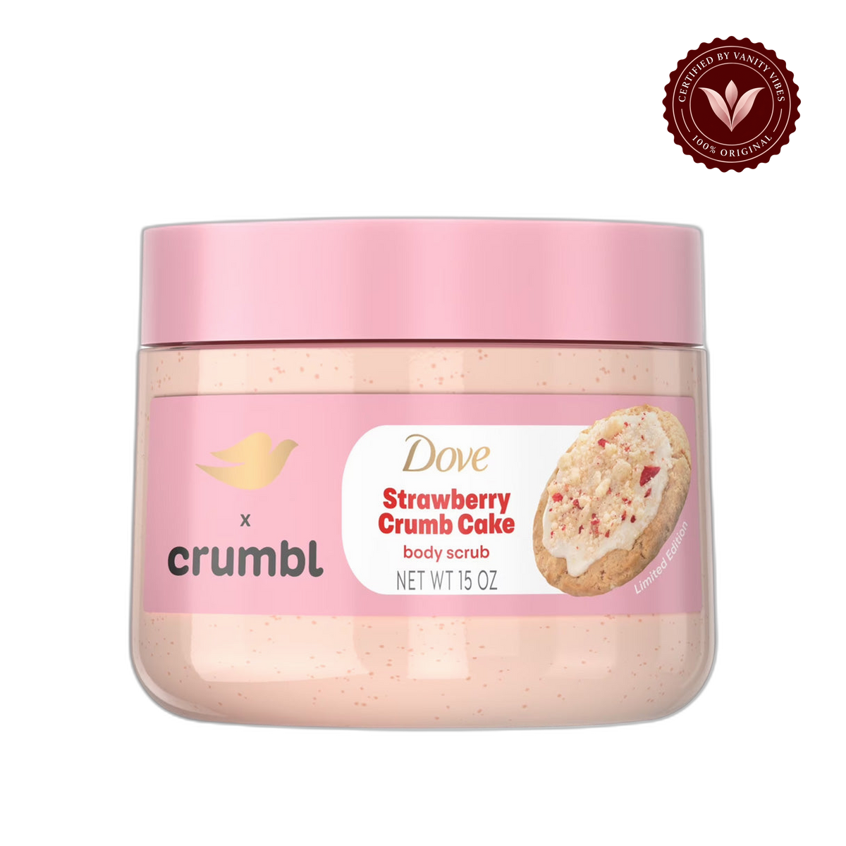Dove x Crumbl Strawberry Crumb Cake Body Scrub 15oz - Exfoliating Body Polish for Smooth & Soft Skin — front view, transparent background