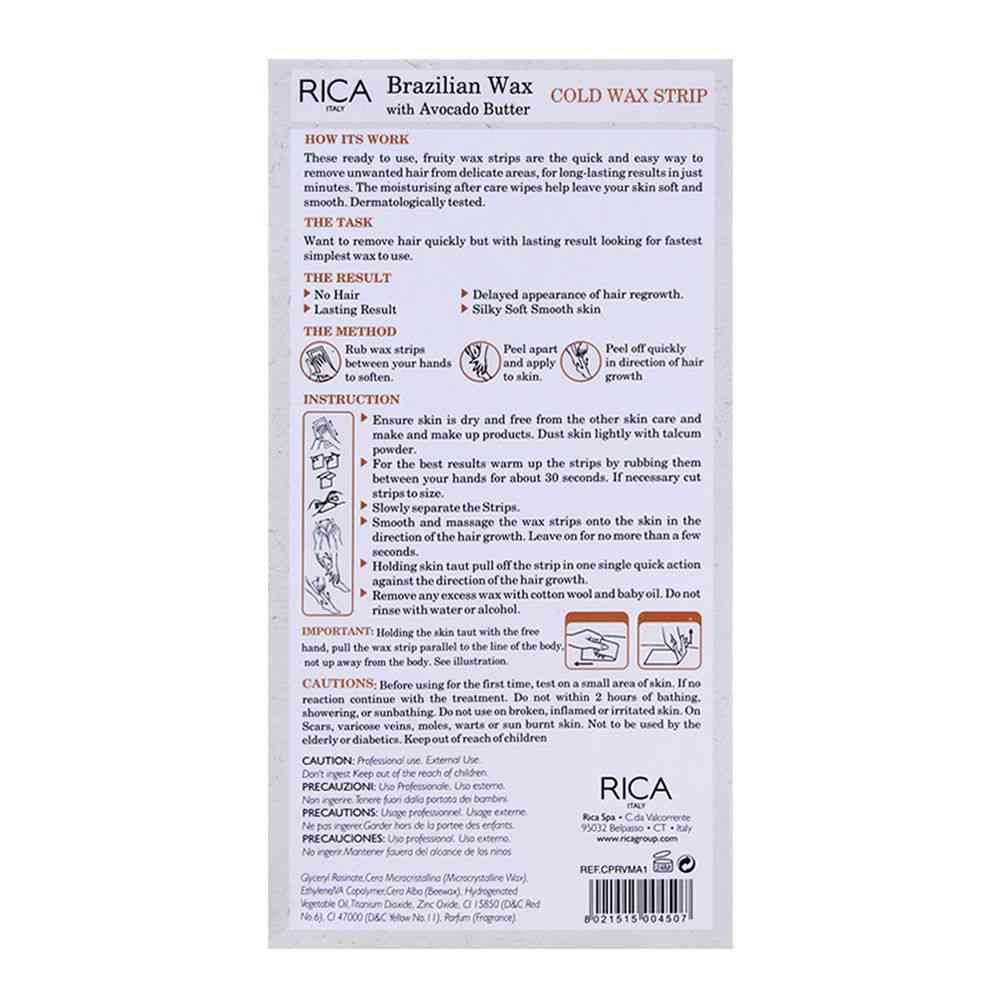 Rica Brazilian Wax With Avocado Butter, Legs & Body Cold Wax Strip 20 Strips For Sensitive Skin