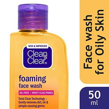 New & Improved Clean & Clear Foaming Face Wash 50ml - Oil Free Cleanser, Won’t Clog Pores, Removes Dirt & Oil