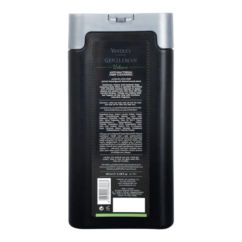 Yardley London Gentleman Urbane Charcoal Anti-Bacterial Body Wash 180ml – Deep Cleansing Men’s Shower Gel with Activated Char