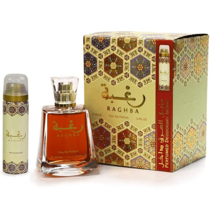 Lattafa Raghba Eau De Parfum 100ml with Deodorant – Long Lasting Original Sweet Gourmand Fragrance Gift Set for Men & Women