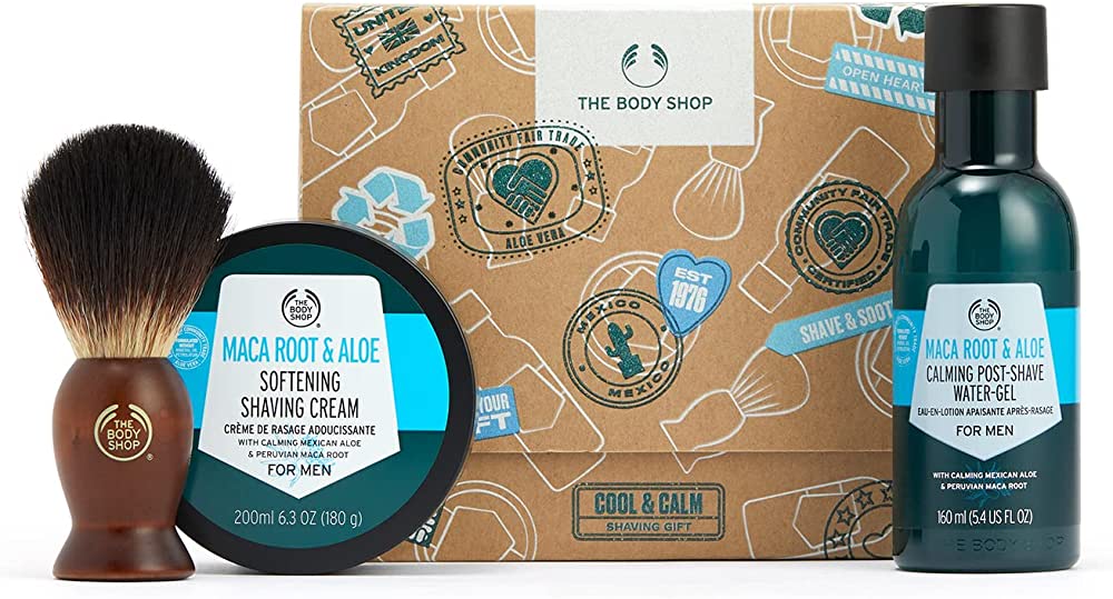 The Body Shop Cool & Calm Shaving Set – Maca Root & Aloe Shave Cream For Men 200ml, Maca Root & Aloe Post-Shave Gel 160ml & A Shaving Brush