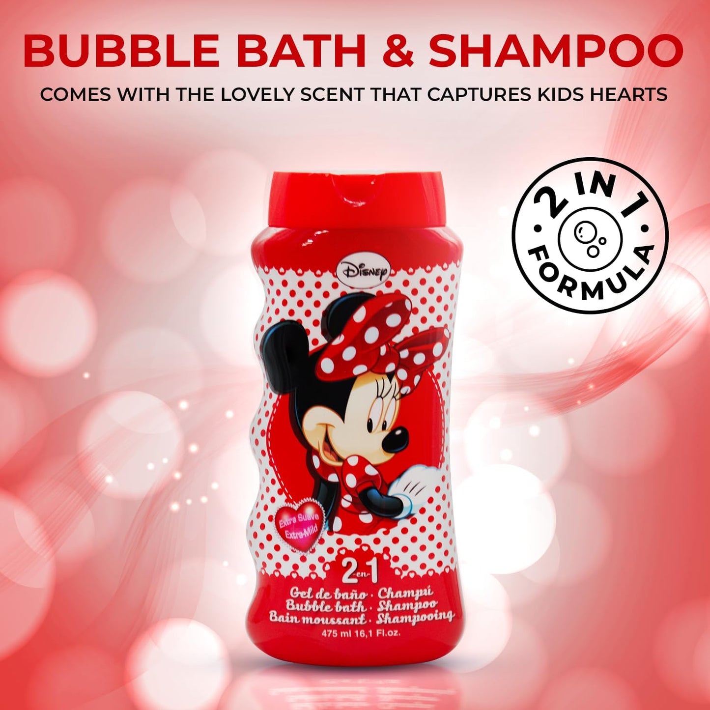 Lorenay Disney Minnie 2-in-1 Bubble Bath & Shampoo 475ml - Gentle Kids Hair & Body Wash for Soft Cleansing, Tear-Free Formula