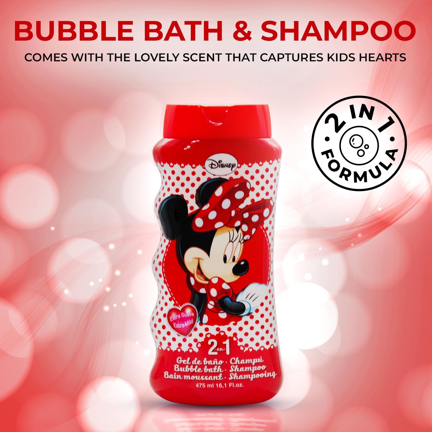 Lorenay Disney Minnie 2-in-1 Bubble Bath & Shampoo 475ml - Gentle Kids Hair & Body Wash for Soft Cleansing, Tear-Free Formula