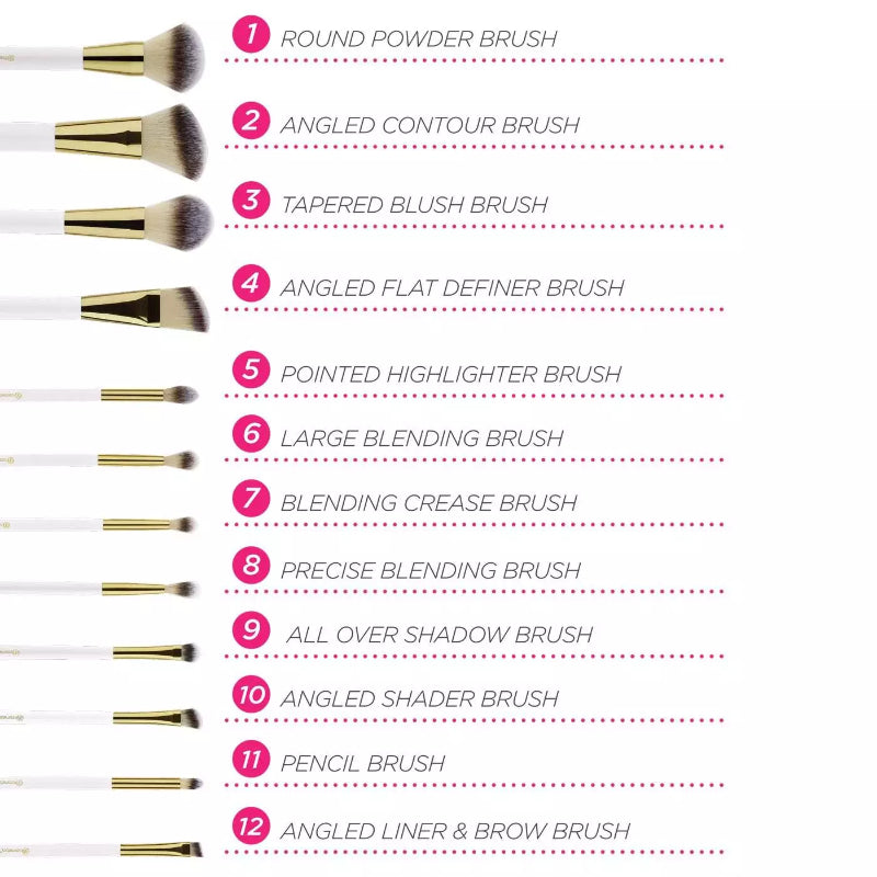 BH Cosmetics Studded Elegance 12 Piece Brush Set with a Brush Stand (WHITE)