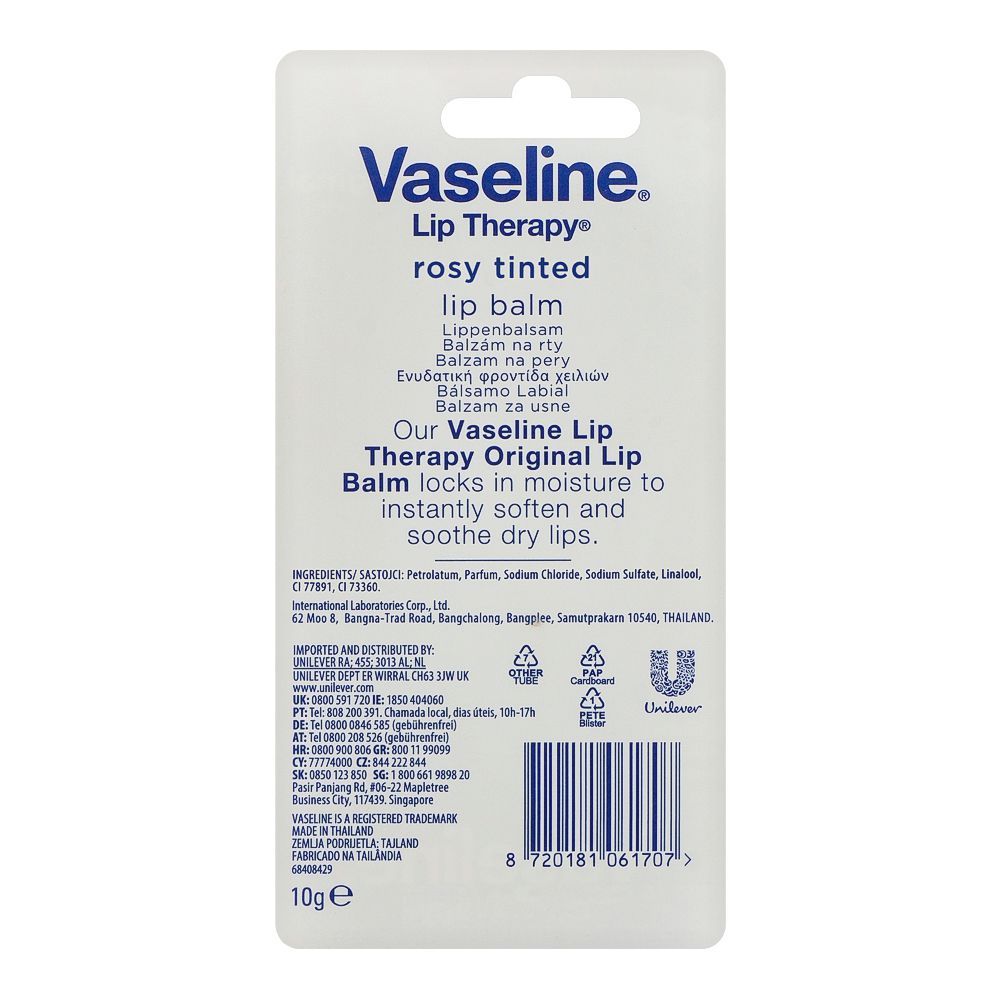 Vaseline Rosy Tinted Lip Balm 10g - Hydrating Lip Care Balm for Soft Smooth Lips, Moisture Protection, Natural Rosy Tint & Da