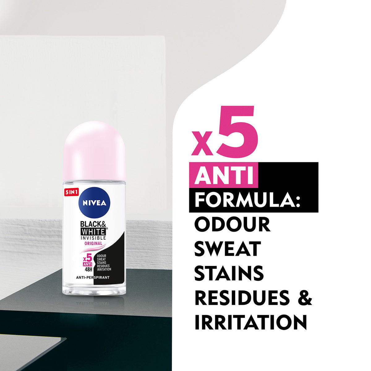 Nivea 5-In-1 Black & White Invisible Original x5 Anti Roll On 50ml for Women