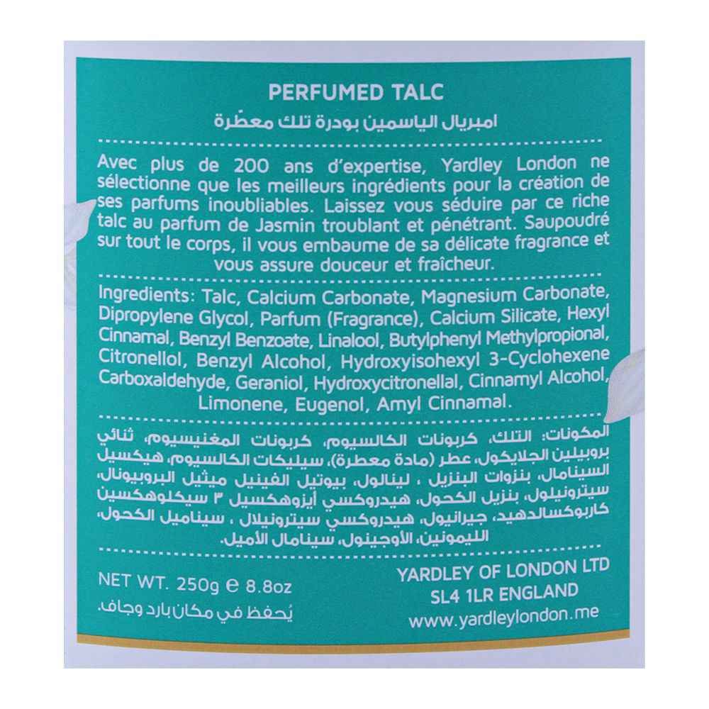 Yardley London Imperial Jasmine Perfumed Talcum Powder 250g - Luxury Floral Jasmine Fragrance Body Talc for Long Lasting Fres