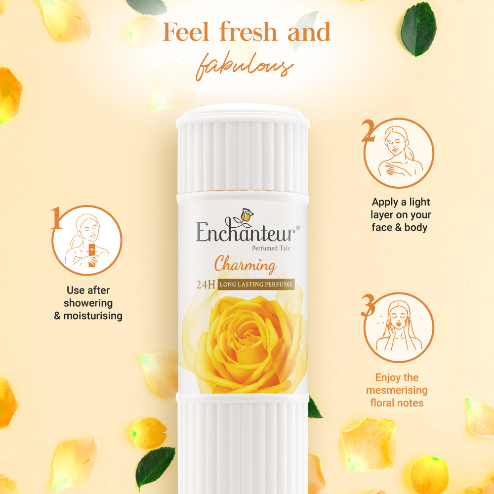 Enchanteur Charming Perfumed Talc Powder 125g - Long Lasting Floral Fragrance Body Powder for Soft Fresh Skin & Odor Protecti