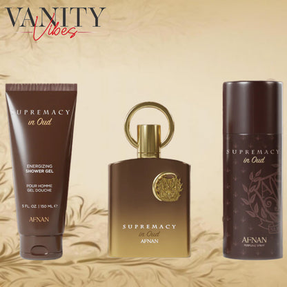 Afnan Supremacy In Oud Gift Set,for Men & Women, Extrait de Parfum 100ml / Shower gel 150ml / Perfume Deo Spray 150ml