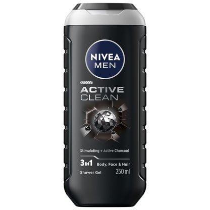 Nivea Men Active Clean 24H Fresh Effect 3-In-1 Shower Gel For Body, Face & Hair 250ml