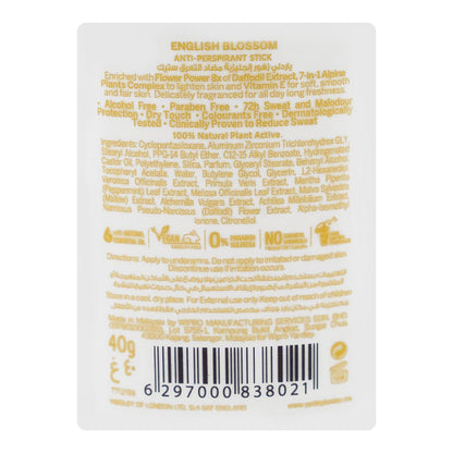 Yardley London English Blossom Anti-Perspirant Deodorant Stick 40g – Long Lasting Floral Fragrance with 72 Hour Sweat Protect