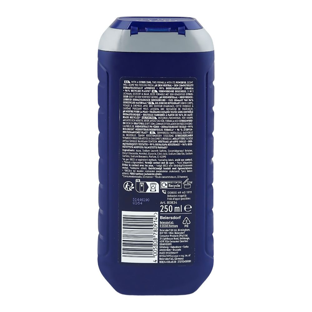 Nivea Men Power 24H Fresh Effect 3-In-1 Shower Gel For Body, Face & Hair 250ml