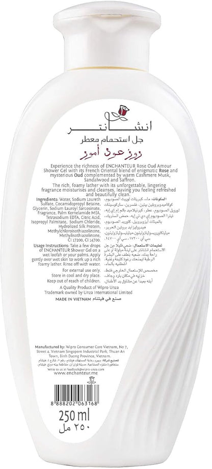 Enchanteur Rose Oud Amour Perfumed Shower Gel 250ml - Deep Cleansing Moisturizing Body Wash with Long Lasting Floral Oud Frag