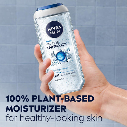 Nivea Men Pure Impact 3 in 1 Body, Face & Hair Shower Gel 250ml - All-in-One Deep Cleansing Wash for Men