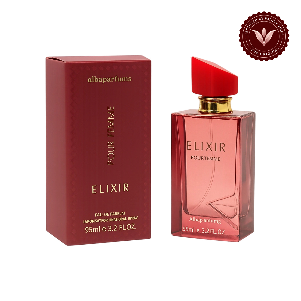 Alba Elixir Pour Femme; bottle and box, transparent background, Vanity Vibes badge