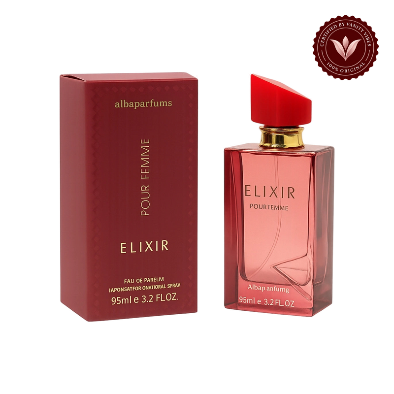 Alba Elixir Pour Femme; bottle and box, transparent background, Vanity Vibes badge