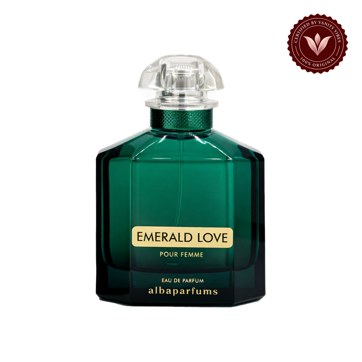 Alba Emerald Love Pour Femme; single front-facing product, transparent background, Vanity Vibes badge