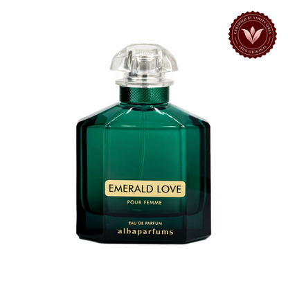 Alba Emerald Love Pour Femme; single front-facing product, transparent background, Vanity Vibes badge