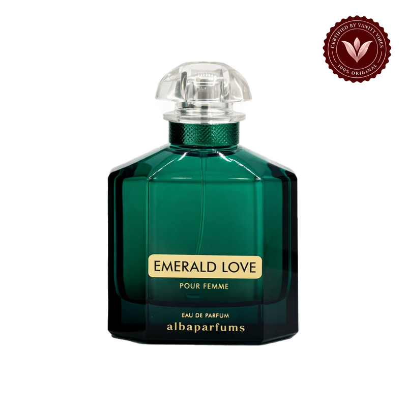 Alba Emerald Love Pour Femme; single front-facing product, transparent background, Vanity Vibes badge