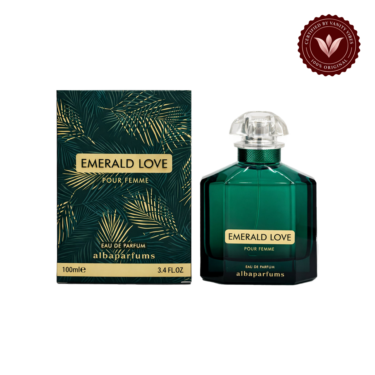 Alba Emerald Love Pour Femme; bottle and box, transparent background, Vanity Vibes badge