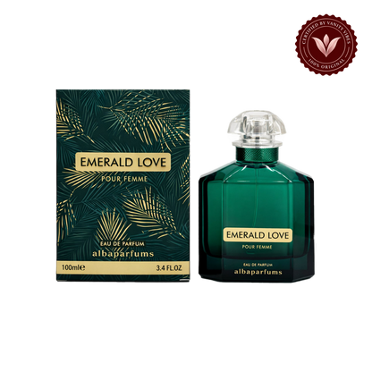 Alba Emerald Love Pour Femme; bottle and box, transparent background, Vanity Vibes badge