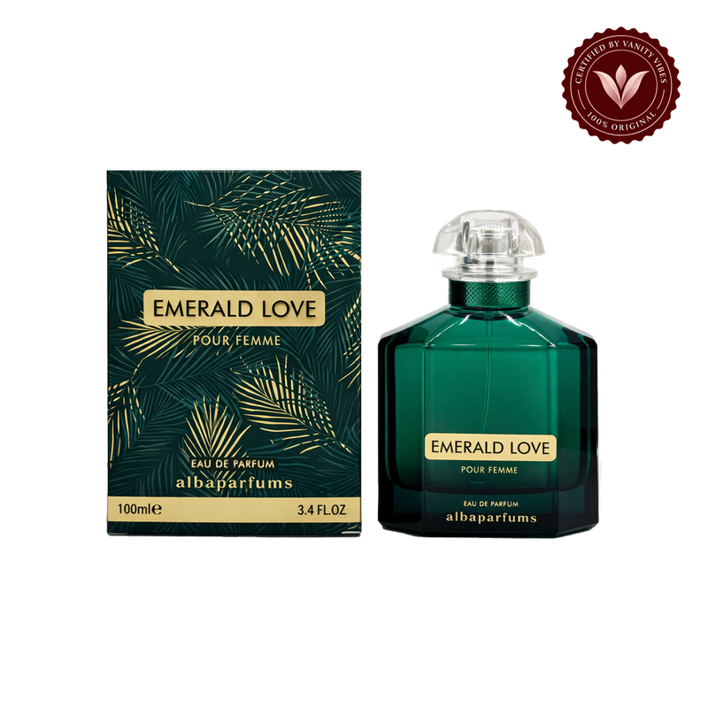 Alba Emerald Love Pour Femme; bottle and box, transparent background, Vanity Vibes badge