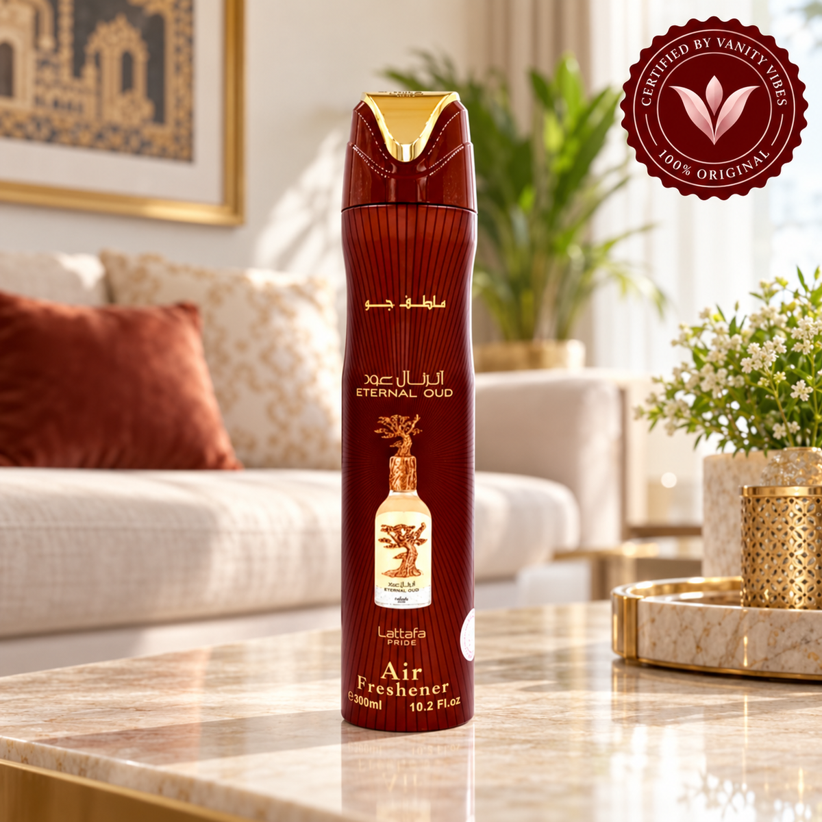 Lattafa Eternal Oud Air Freshener 300ml in a home setting with Vanity Vibes seal