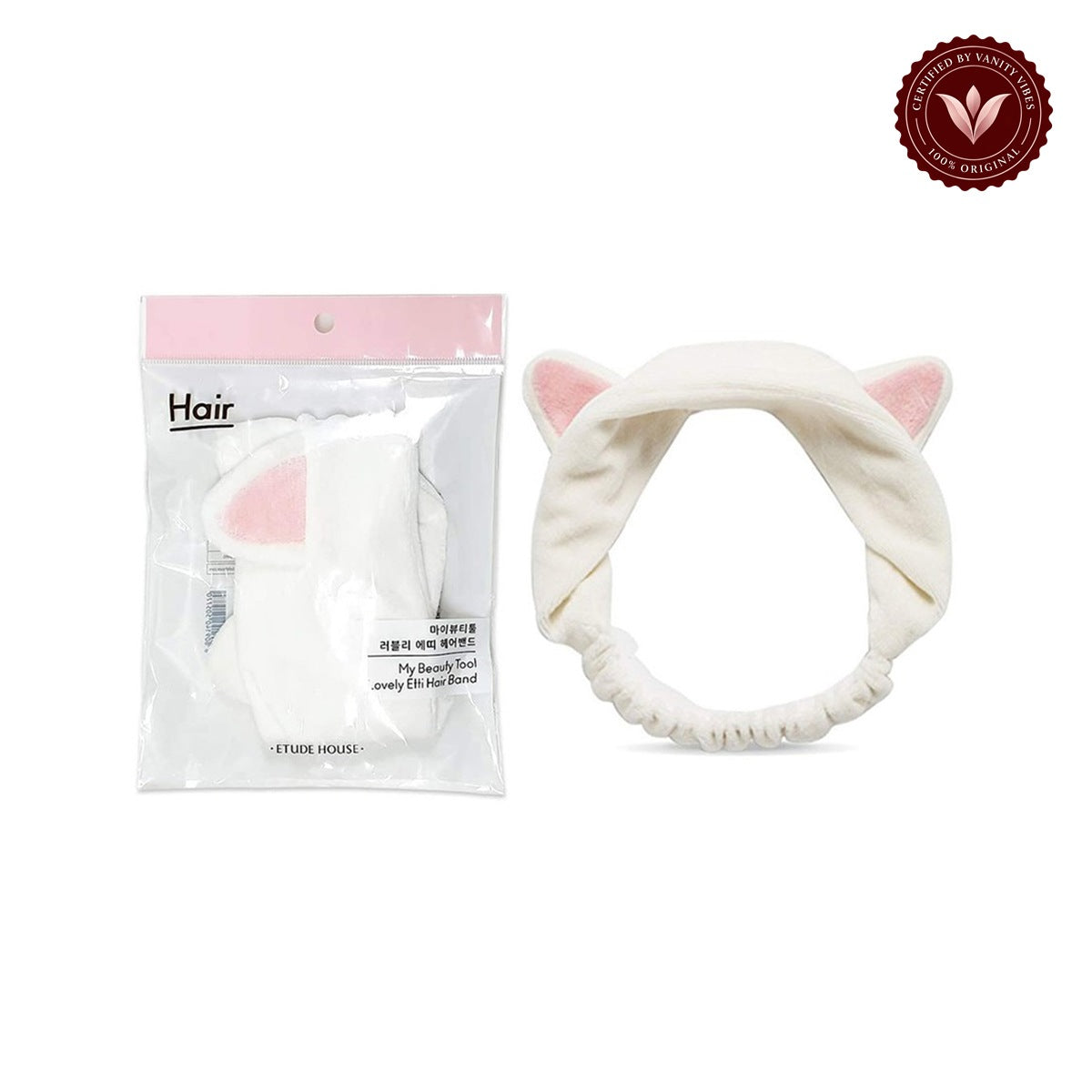 ETUDE My Beauty Tool Lovely Etti Hair Band product detail on white background with Vanity Vibes badge